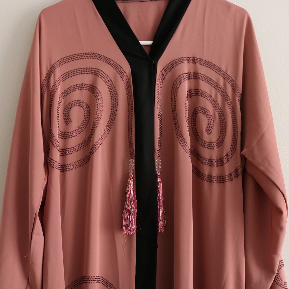 Pink Abaya with Tie rhinestones and buttons